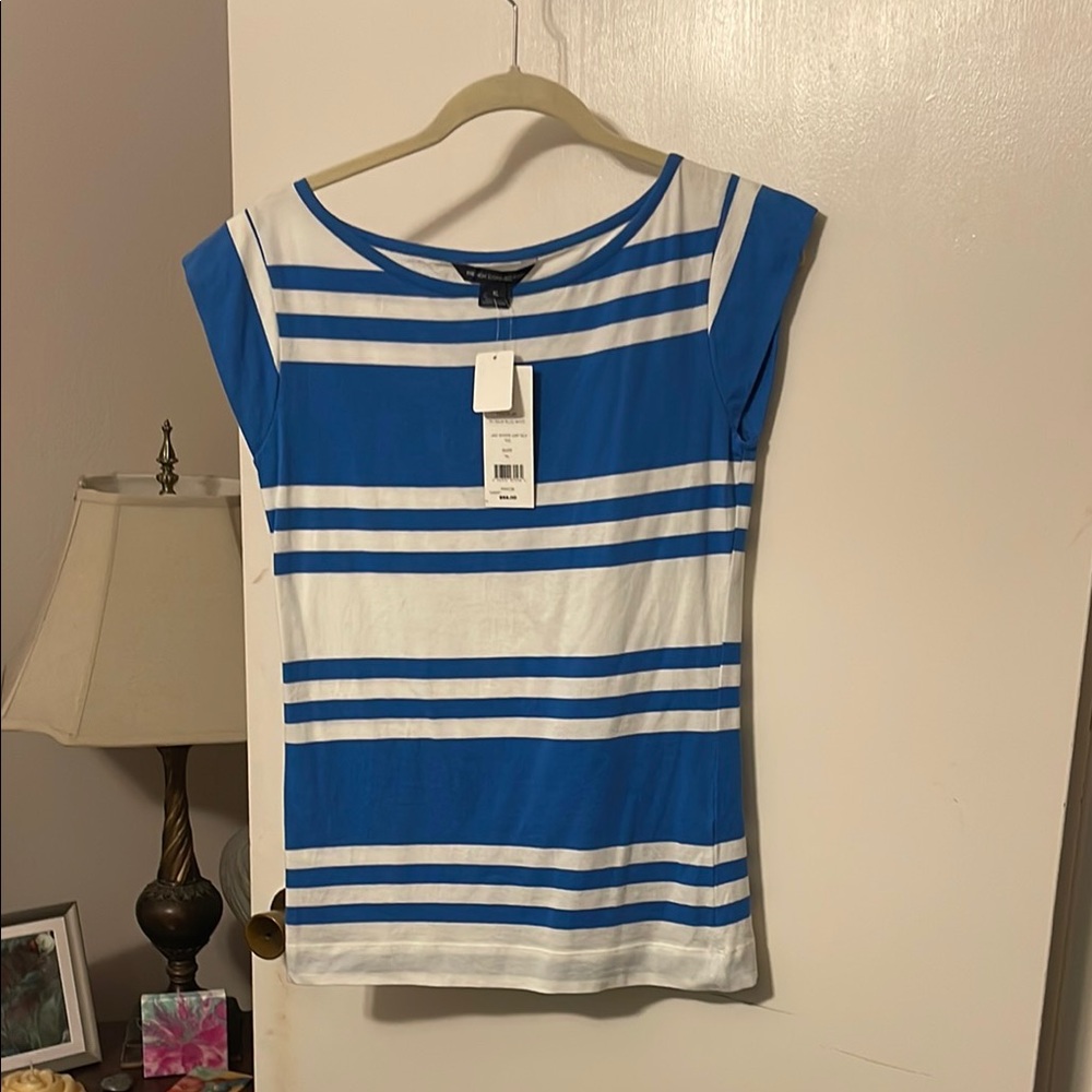 French Connection Blue and White Fitted Sailor Collar Tee